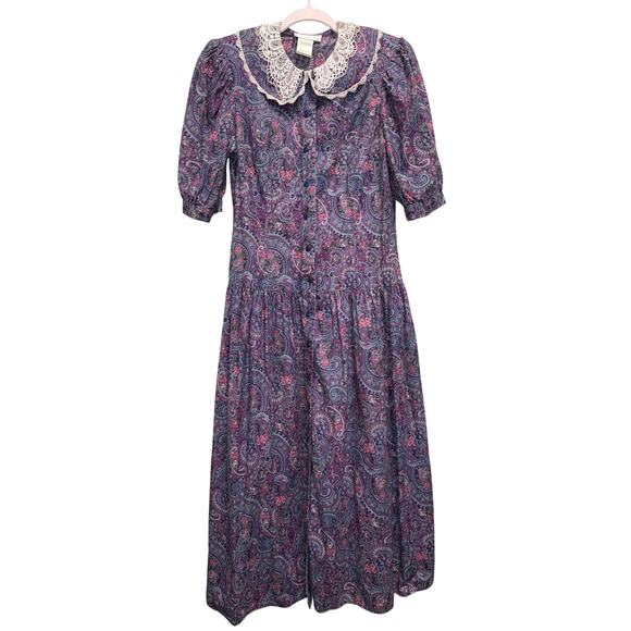Vintage Gunne Sax Purple Paisley Puff Sleeve Crochet Cottage Maxi Dress Size 13 - Picture 2 of 10